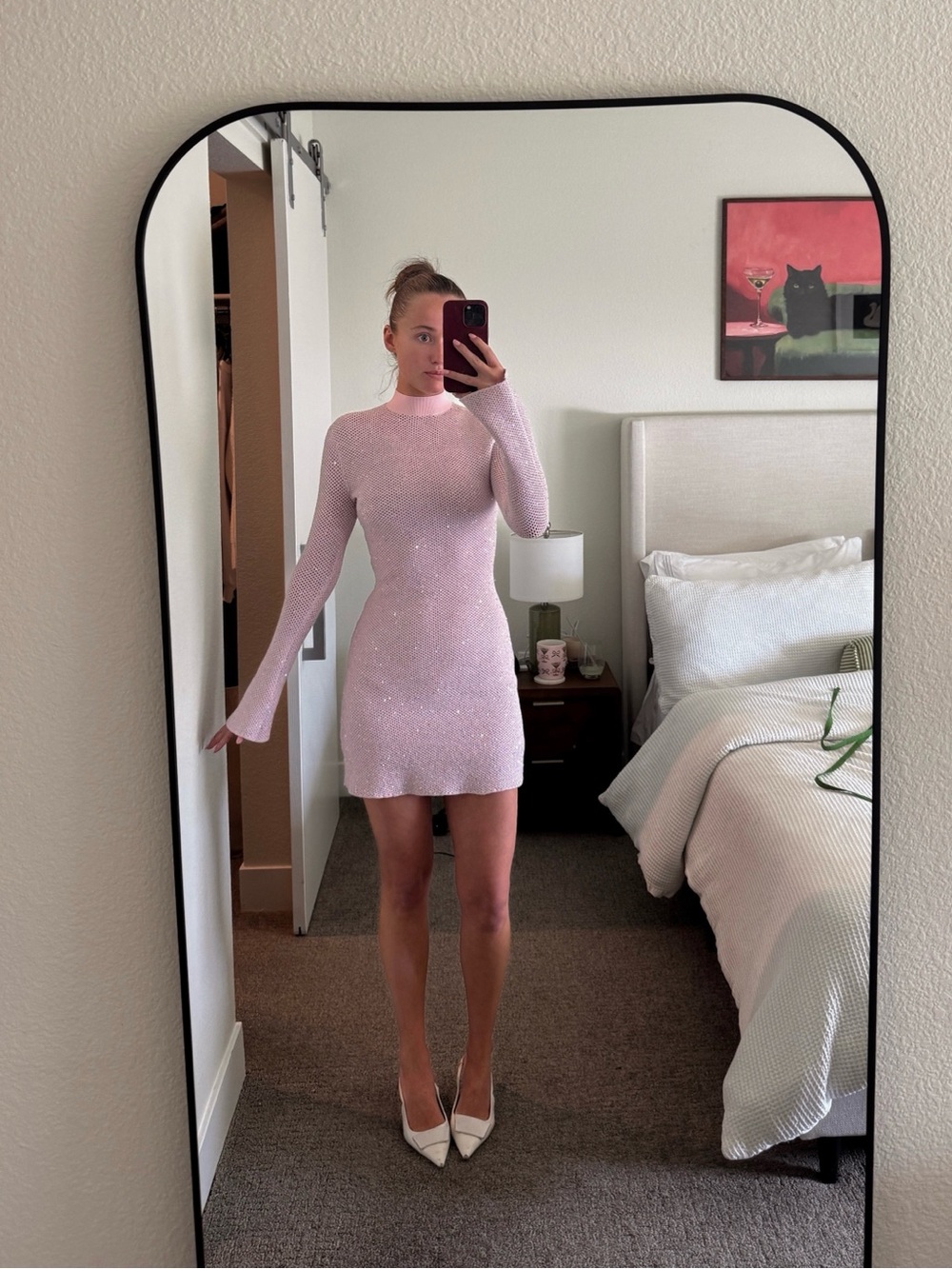 Maje Semi-sheer pink knit mini dress